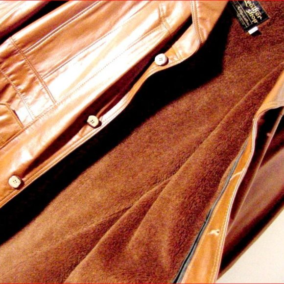 Vtg 70's Sears Leather Shop Fuzzy Lined Button Brown Leather Jacket Sz 44 Tall - Picture 5 of 8